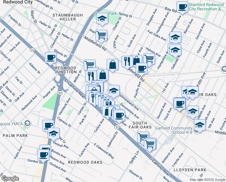 map of restaurants, bars, coffee shops, grocery stores, and more near 2690 Westmoreland Avenue in Redwood City
