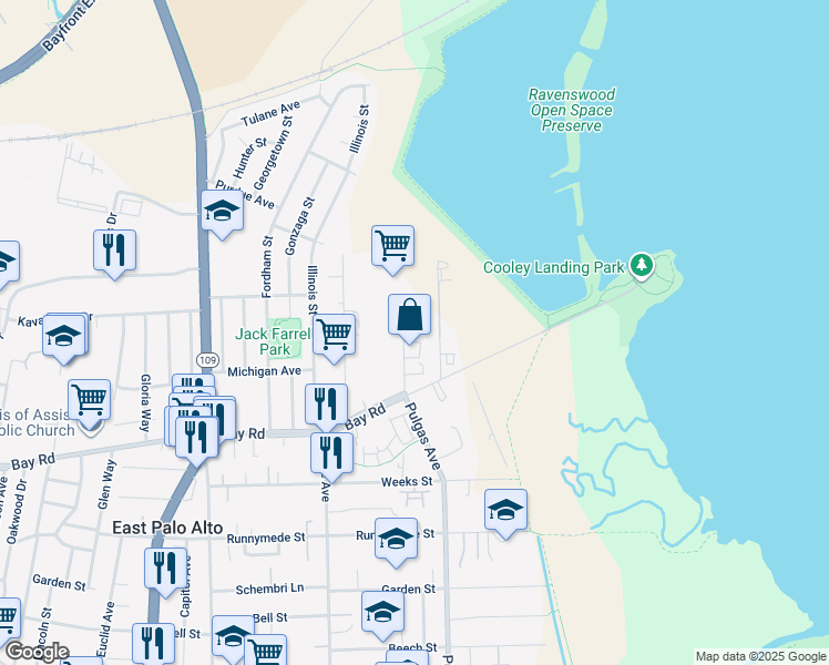 map of restaurants, bars, coffee shops, grocery stores, and more near 2524 Pulgas Ave in East Palo Alto