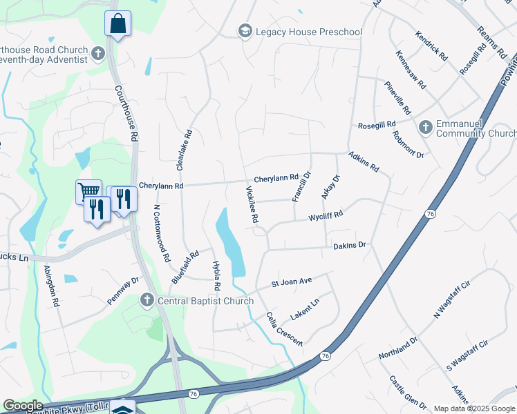 map of restaurants, bars, coffee shops, grocery stores, and more near 1201 Vickilee Road in Richmond