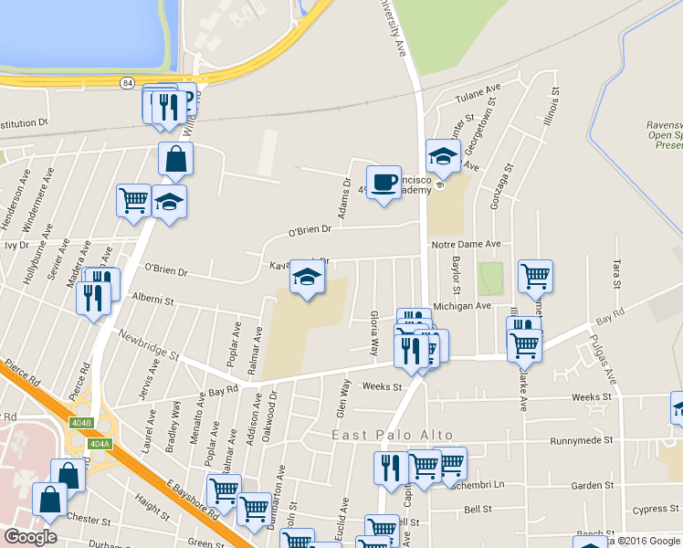map of restaurants, bars, coffee shops, grocery stores, and more near 15 Gertrude Court in East Palo Alto