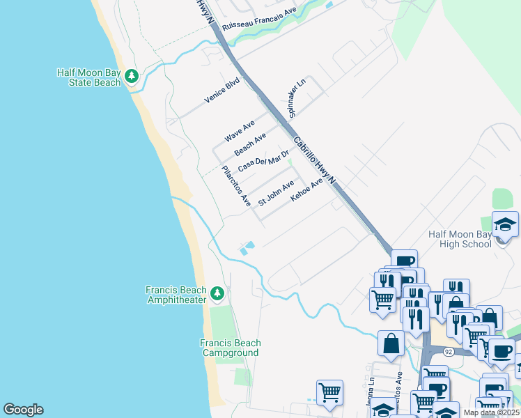 map of restaurants, bars, coffee shops, grocery stores, and more near in Half Moon Bay