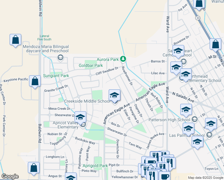 map of restaurants, bars, coffee shops, grocery stores, and more near 535 Peregrine Drive in Patterson