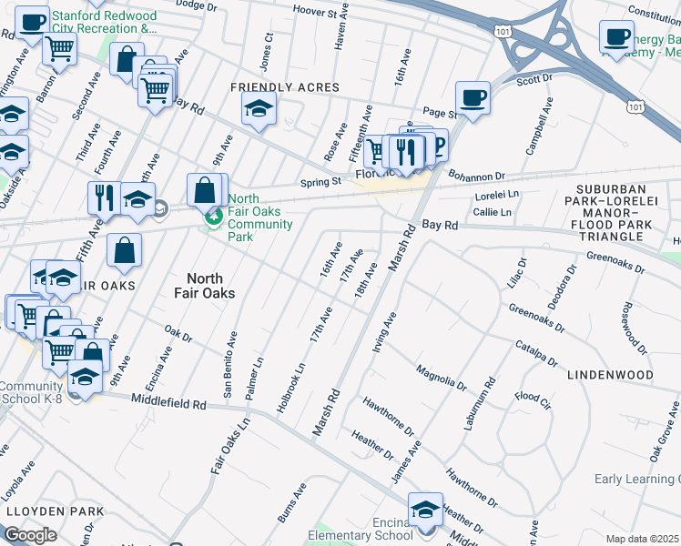 map of restaurants, bars, coffee shops, grocery stores, and more near 743 17th Avenue in Menlo Park