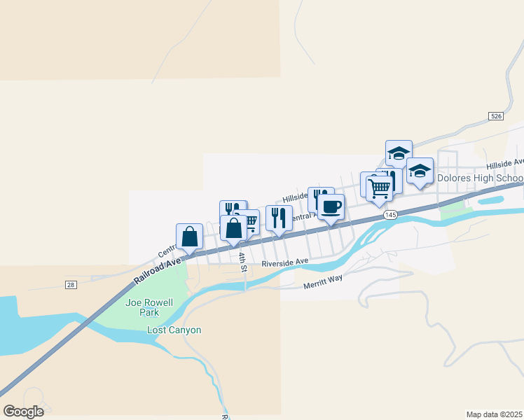 map of restaurants, bars, coffee shops, grocery stores, and more near 100 North 6th Street in Dolores