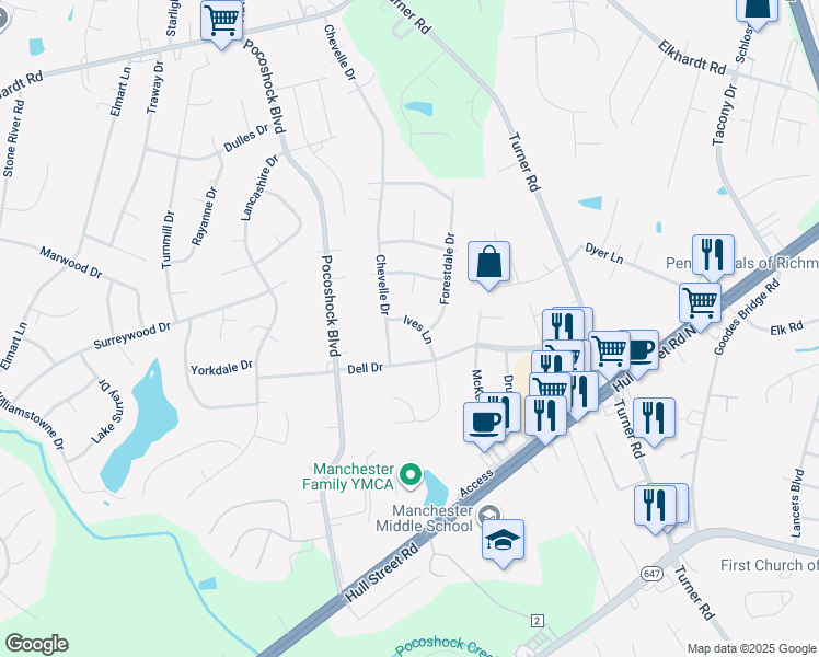 map of restaurants, bars, coffee shops, grocery stores, and more near 2020 Ives Lane in Richmond