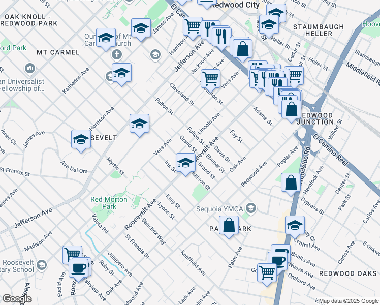 map of restaurants, bars, coffee shops, grocery stores, and more near 1022 Grand Street in Redwood City