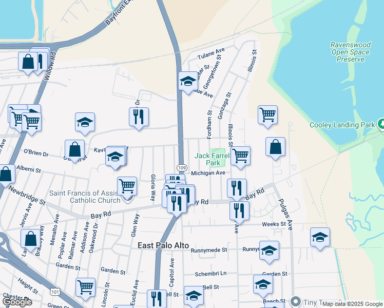 map of restaurants, bars, coffee shops, grocery stores, and more near 2550 Annapolis Street in East Palo Alto