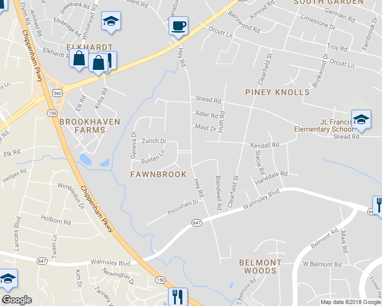 map of restaurants, bars, coffee shops, grocery stores, and more near 5801 Fawnbrook Boulevard in Richmond