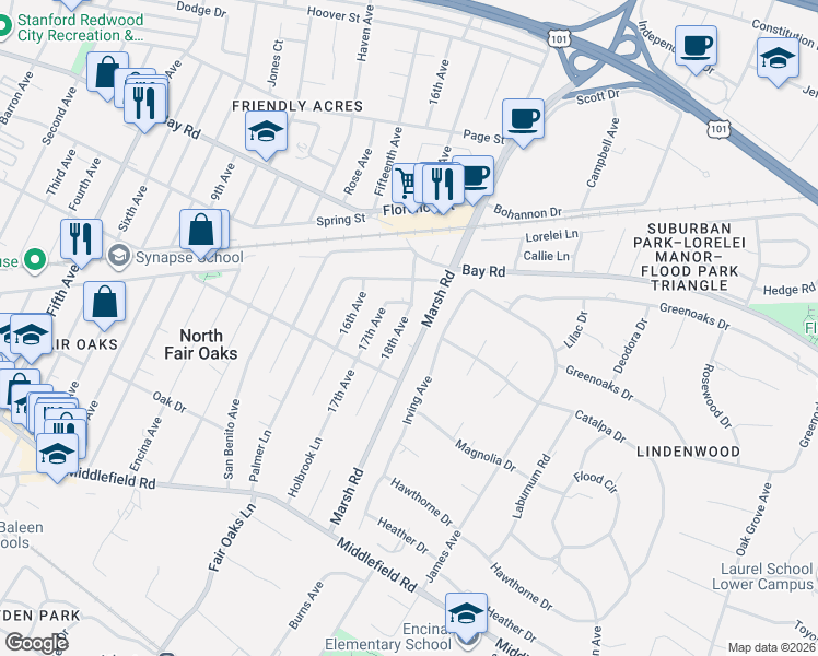 map of restaurants, bars, coffee shops, grocery stores, and more near 765 Marsh Road in Menlo Park