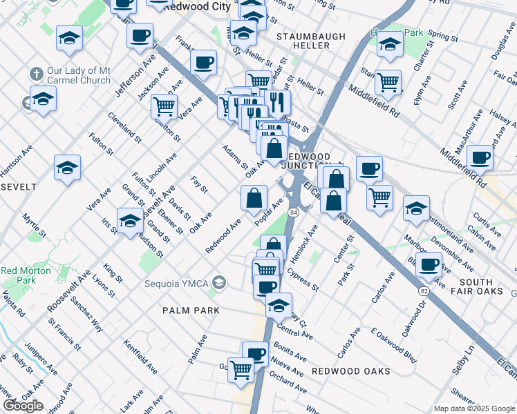 map of restaurants, bars, coffee shops, grocery stores, and more near 252 Poplar Avenue in Redwood City
