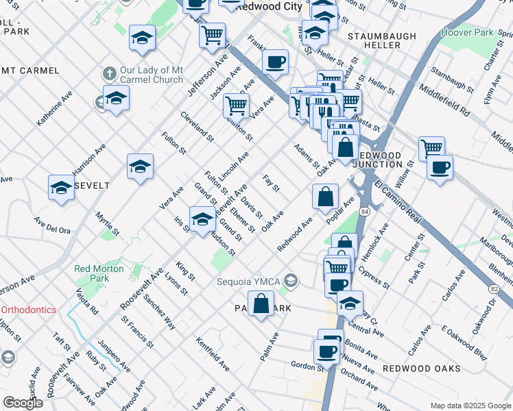 map of restaurants, bars, coffee shops, grocery stores, and more near 1162 Davis Street in Redwood City