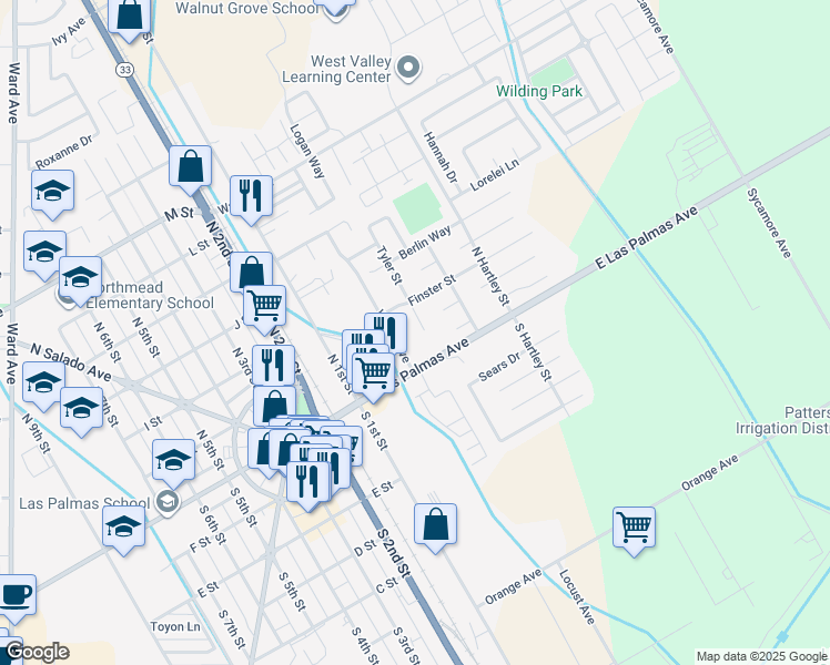 map of restaurants, bars, coffee shops, grocery stores, and more near 267 East Las Palmas Avenue in Patterson