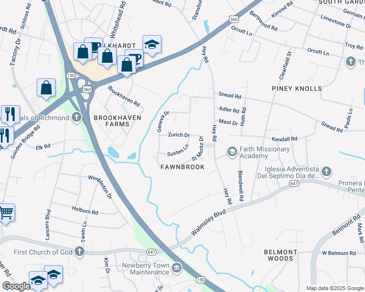 map of restaurants, bars, coffee shops, grocery stores, and more near 2624 Susten Lane in Richmond