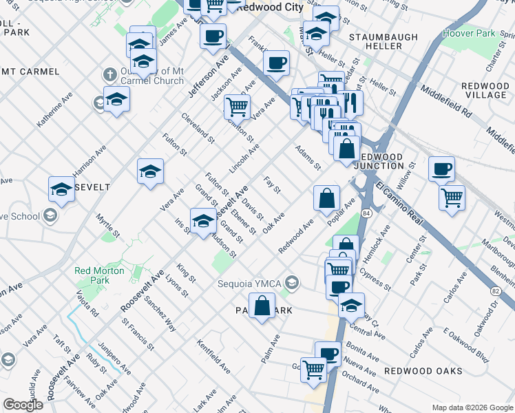 map of restaurants, bars, coffee shops, grocery stores, and more near 1151 Davis Street in Redwood City