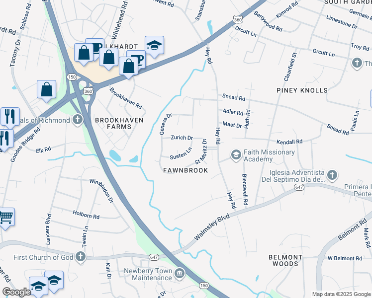 map of restaurants, bars, coffee shops, grocery stores, and more near 2624 Susten Lane in Richmond