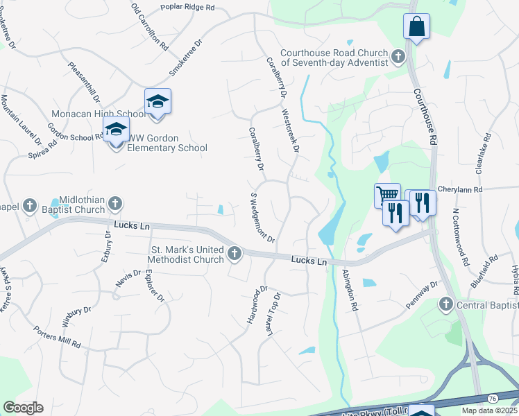 map of restaurants, bars, coffee shops, grocery stores, and more near 1113 North Wedgemont Drive in Richmond
