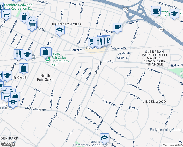 map of restaurants, bars, coffee shops, grocery stores, and more near 788 18th Avenue in Menlo Park