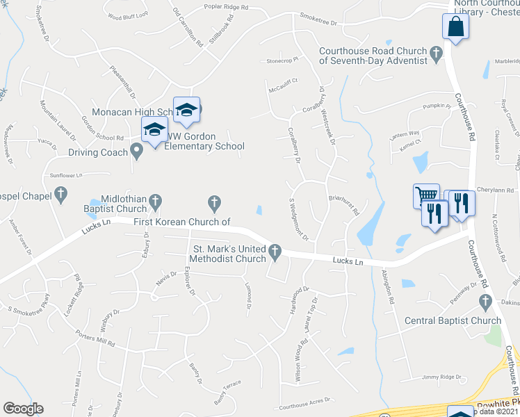 map of restaurants, bars, coffee shops, grocery stores, and more near 11700 Lucks Lane in Midlothian
