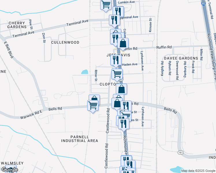 map of restaurants, bars, coffee shops, grocery stores, and more near 2711 Toledo Avenue in Richmond