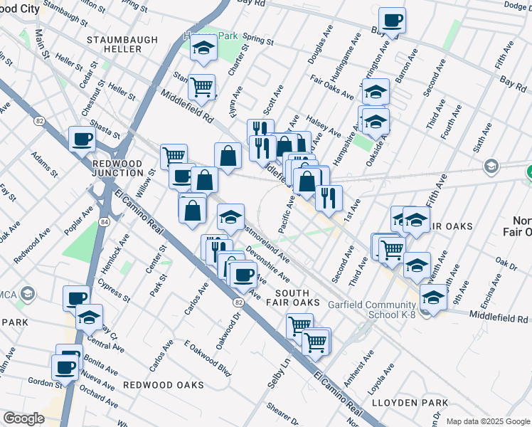 map of restaurants, bars, coffee shops, grocery stores, and more near 2700 Middlefield Road in Redwood City
