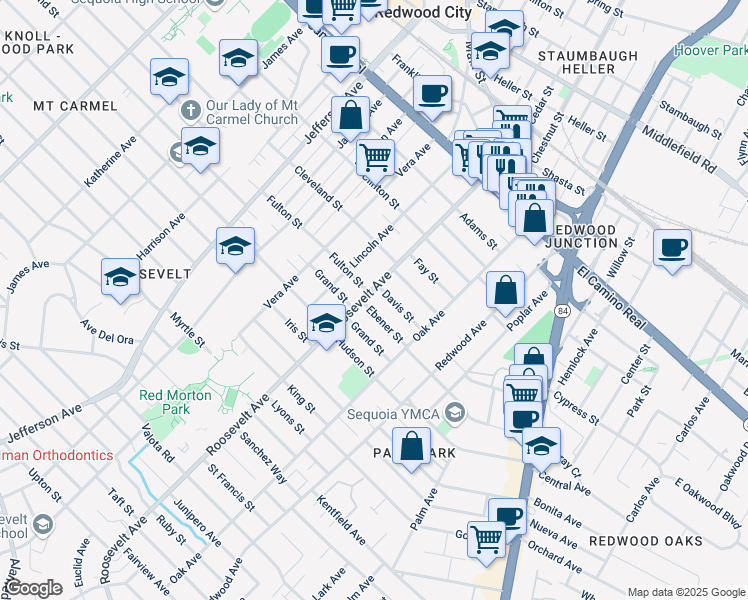 map of restaurants, bars, coffee shops, grocery stores, and more near 1124 Ebener Street in Redwood City