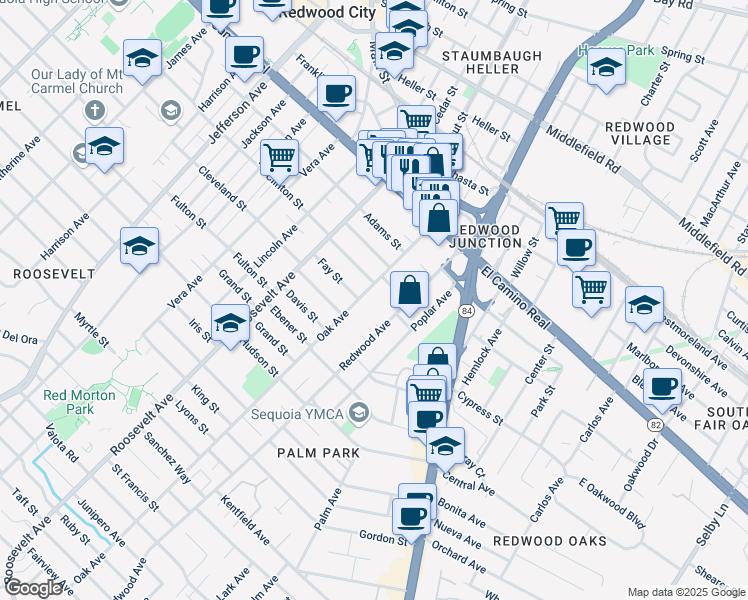 map of restaurants, bars, coffee shops, grocery stores, and more near 330 Redwood Avenue in Redwood City