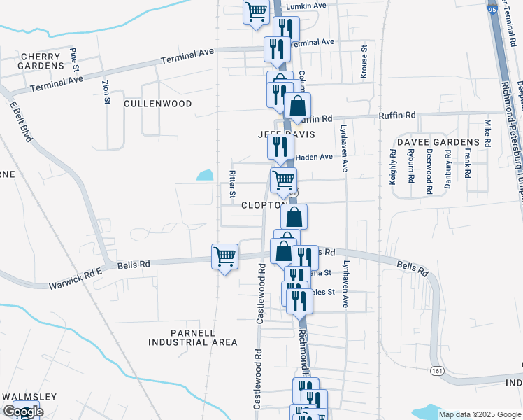 map of restaurants, bars, coffee shops, grocery stores, and more near 2711 Toledo Avenue in Richmond