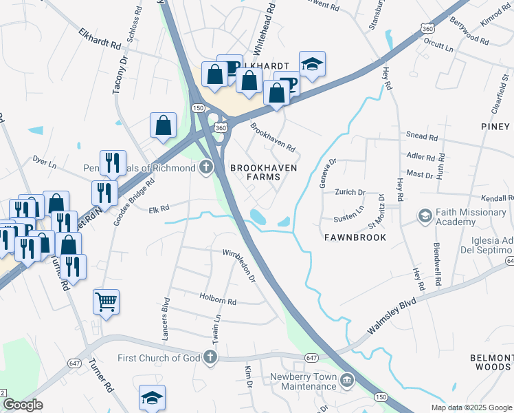 map of restaurants, bars, coffee shops, grocery stores, and more near 2206 Mandalay Drive in Richmond