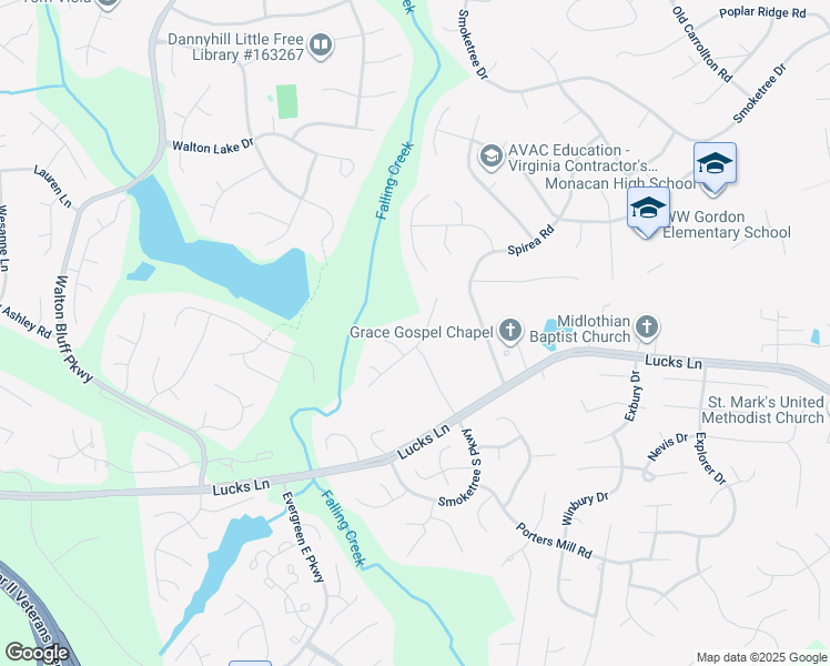 map of restaurants, bars, coffee shops, grocery stores, and more near 12036 Amber Meadows Lane in Midlothian