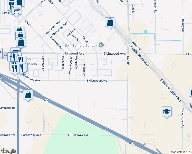 map of restaurants, bars, coffee shops, grocery stores, and more near 1184 Alexander Court in Turlock