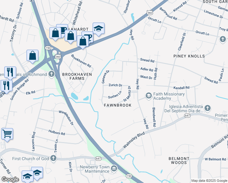 map of restaurants, bars, coffee shops, grocery stores, and more near 2705 Susten Court in Richmond
