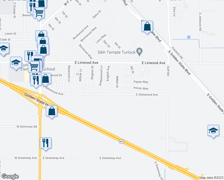 map of restaurants, bars, coffee shops, grocery stores, and more near 940 Winans Lane in Turlock