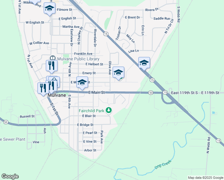 map of restaurants, bars, coffee shops, grocery stores, and more near 549 East Main Street in Mulvane