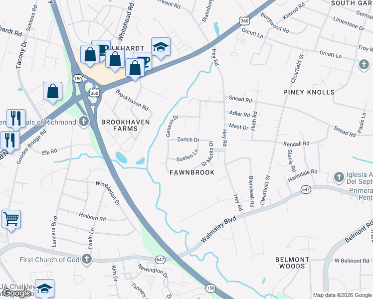 map of restaurants, bars, coffee shops, grocery stores, and more near 2705 Susten Court in Richmond