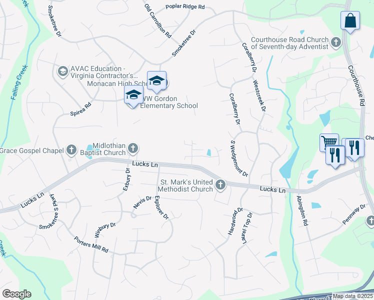 map of restaurants, bars, coffee shops, grocery stores, and more near 11720 Lucks Lane in Midlothian