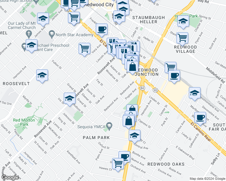map of restaurants, bars, coffee shops, grocery stores, and more near 330 Redwood Avenue in Redwood City