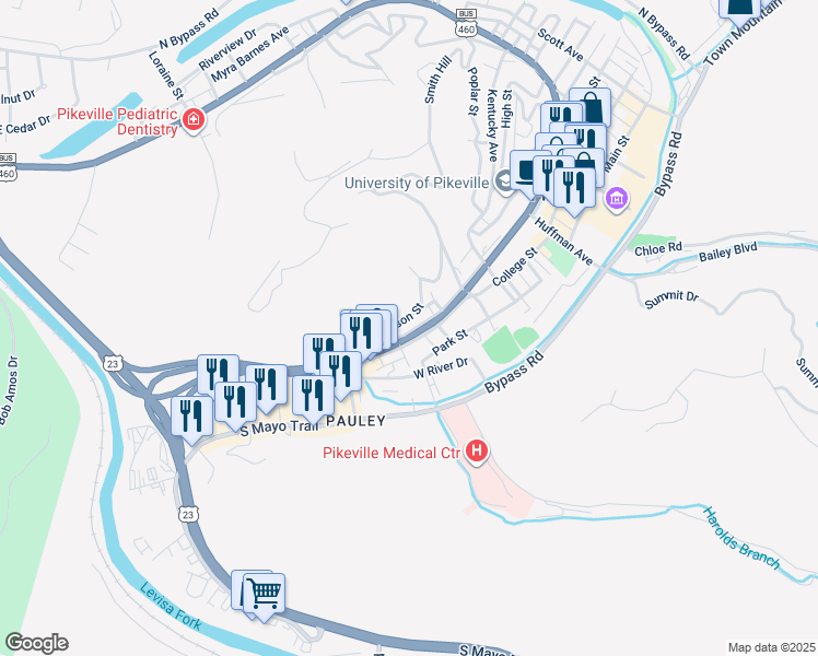 map of restaurants, bars, coffee shops, grocery stores, and more near 100-198 Wilana Court in Pikeville