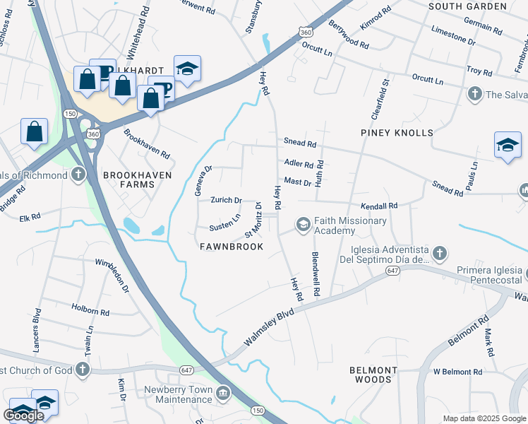map of restaurants, bars, coffee shops, grocery stores, and more near 2611 Saint Moritz Drive in Richmond