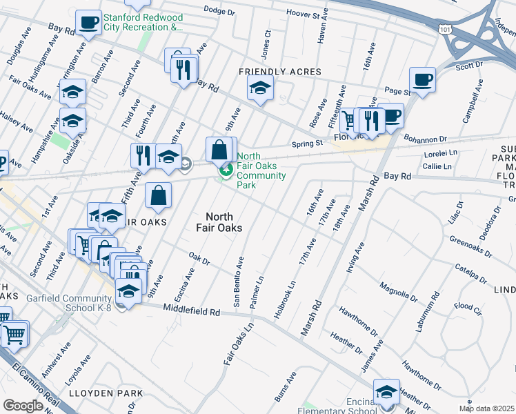 map of restaurants, bars, coffee shops, grocery stores, and more near 3820 Fair Oaks Avenue in Menlo Park