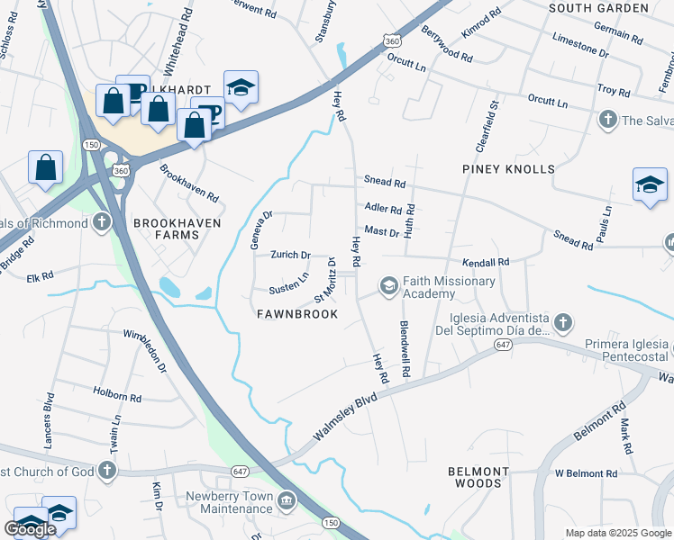 map of restaurants, bars, coffee shops, grocery stores, and more near 2611 Saint Moritz Drive in Richmond