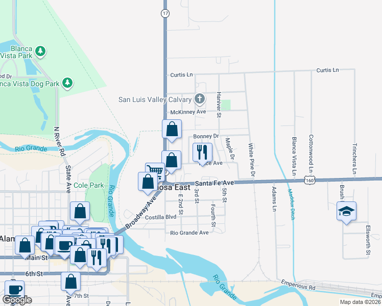map of restaurants, bars, coffee shops, grocery stores, and more near 236 Price Avenue in Alamosa