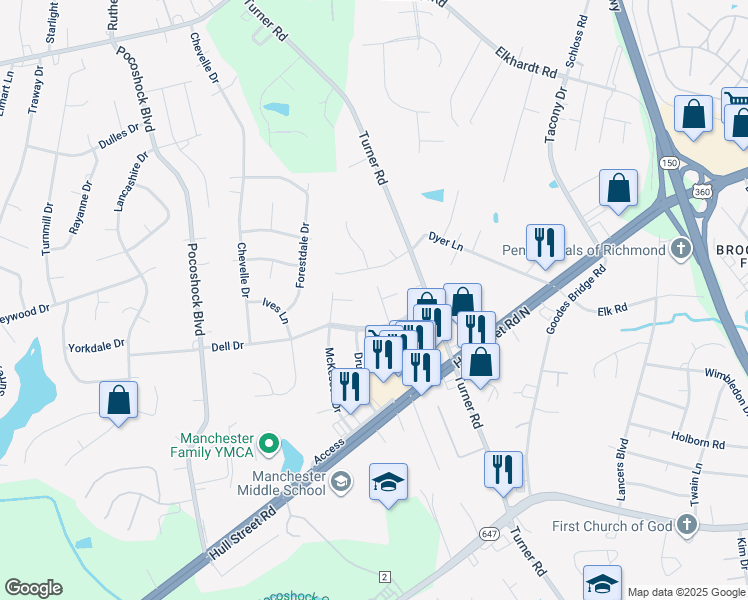 map of restaurants, bars, coffee shops, grocery stores, and more near 2112 Wynnewood Drive in Richmond