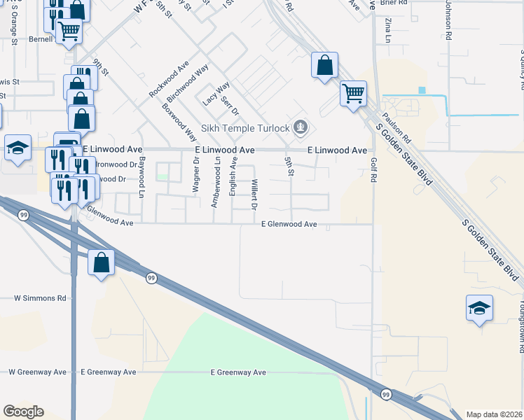 map of restaurants, bars, coffee shops, grocery stores, and more near 1113 East Glenwood Avenue in Turlock