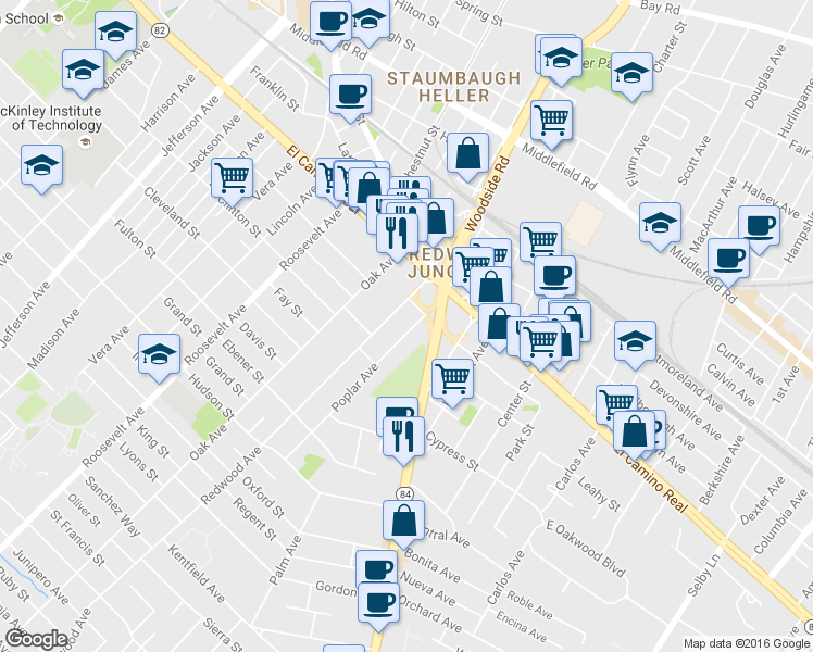 map of restaurants, bars, coffee shops, grocery stores, and more near 175 Poplar Avenue in Redwood City