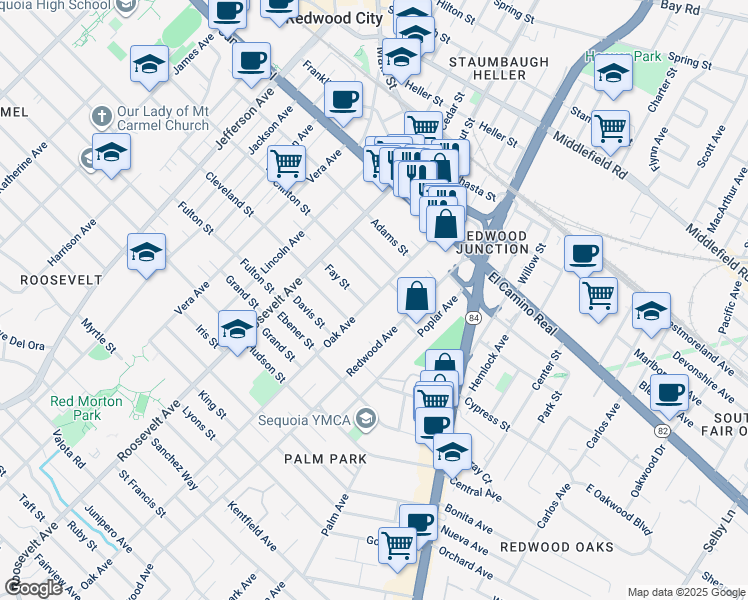 map of restaurants, bars, coffee shops, grocery stores, and more near 330 Redwood Avenue in Redwood City