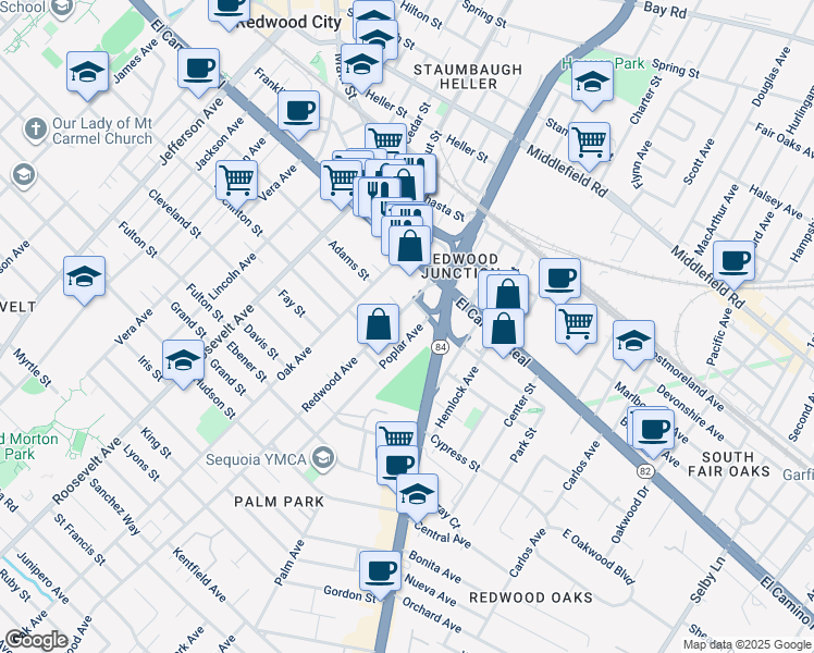 map of restaurants, bars, coffee shops, grocery stores, and more near 154 Poplar Avenue in Redwood City