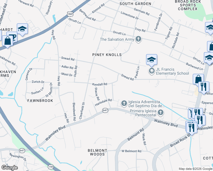 map of restaurants, bars, coffee shops, grocery stores, and more near 2613 Bertram Road in Richmond