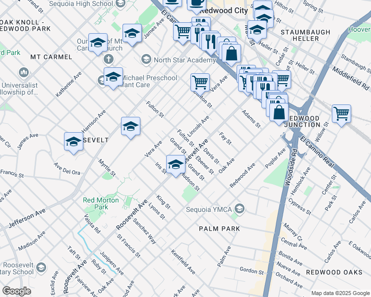 map of restaurants, bars, coffee shops, grocery stores, and more near 1025 Grand Street in Redwood City