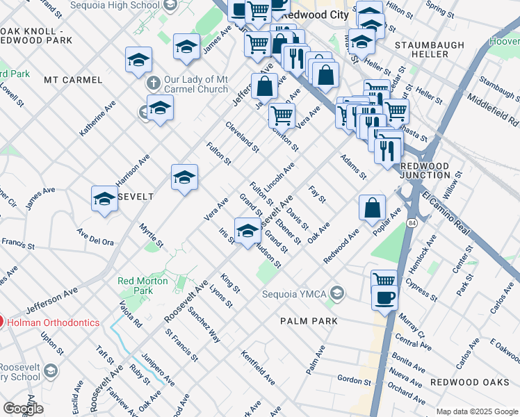 map of restaurants, bars, coffee shops, grocery stores, and more near 1025 Grand Street in Redwood City