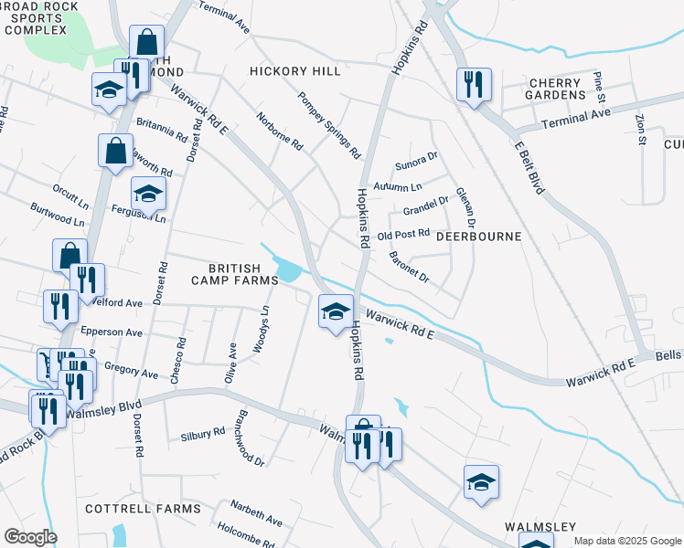 map of restaurants, bars, coffee shops, grocery stores, and more near 3907 Hopkins Court in Richmond